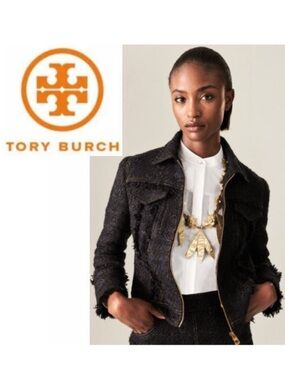 Tory Burch Black Bouclé Tweed Blazer Zip Lady Like Size 12 Fringe Detail Jacket